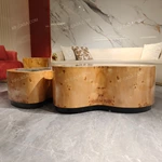Organic Nesting Coffee Table Set with Natural Burl Veneer and Green Marble Tops